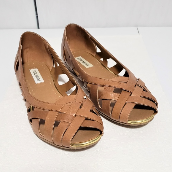 Steve Madden Shoes - Steve Madden Ditaa Cognac Peep Toe Leather Flats